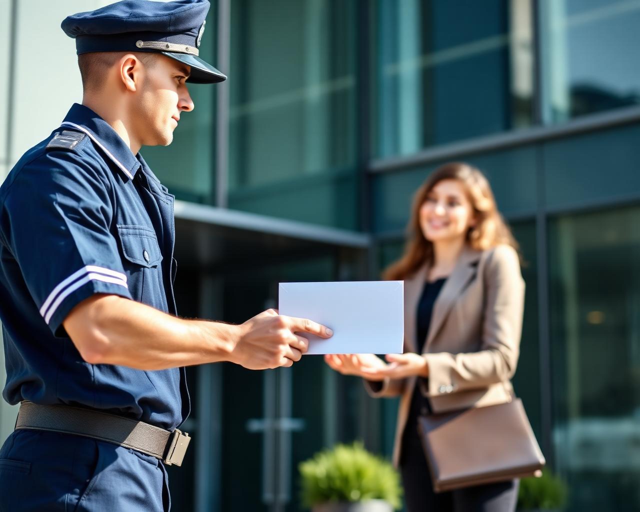 Professional courier handing off a secure envelope outside a modern office