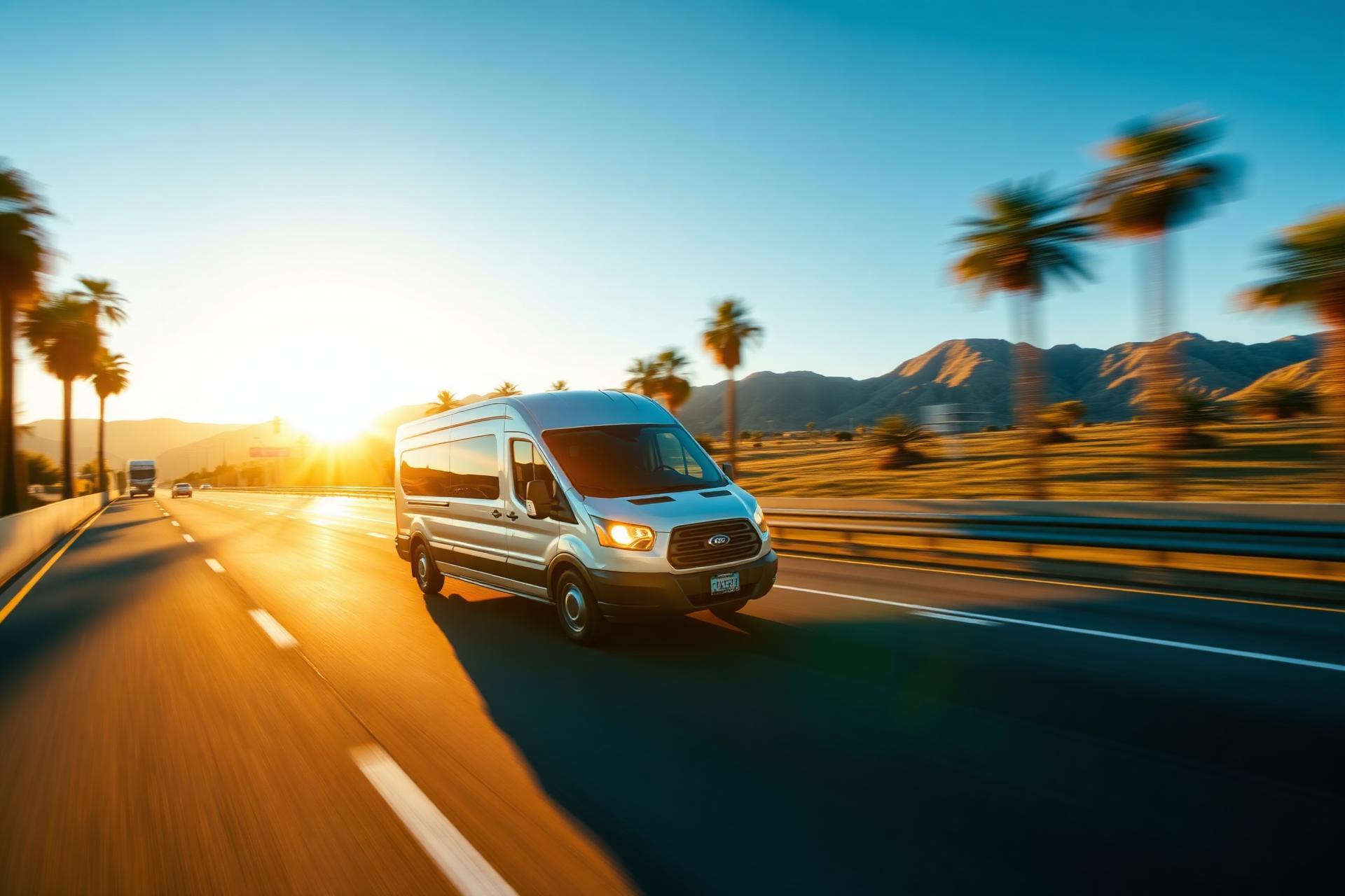 Courier van on a Southern California highway at golden hour